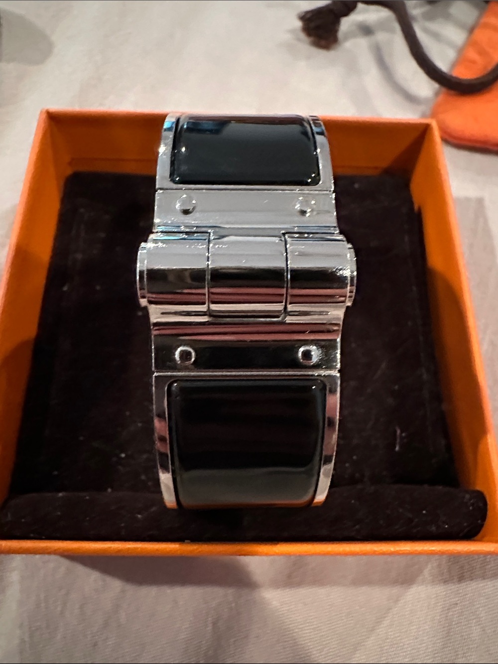 Hermes Charniere Palladium Bracelet with Black Enamel